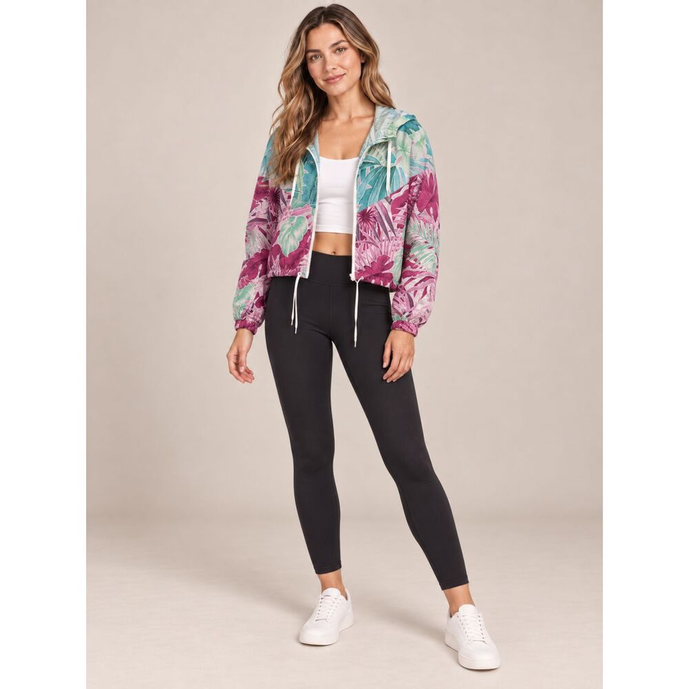 Nike Tropical Floral Cropped Windbreaker Jacket Womenโs Small Hooded